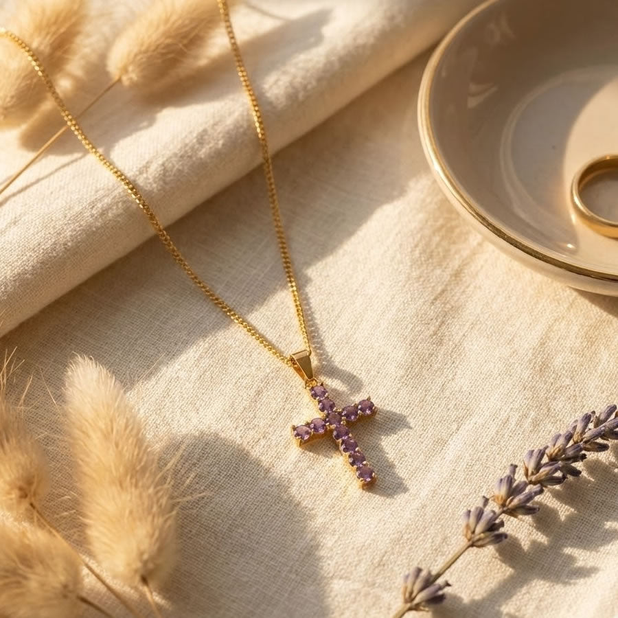 9ct Gold Amethyst Cross Pendant