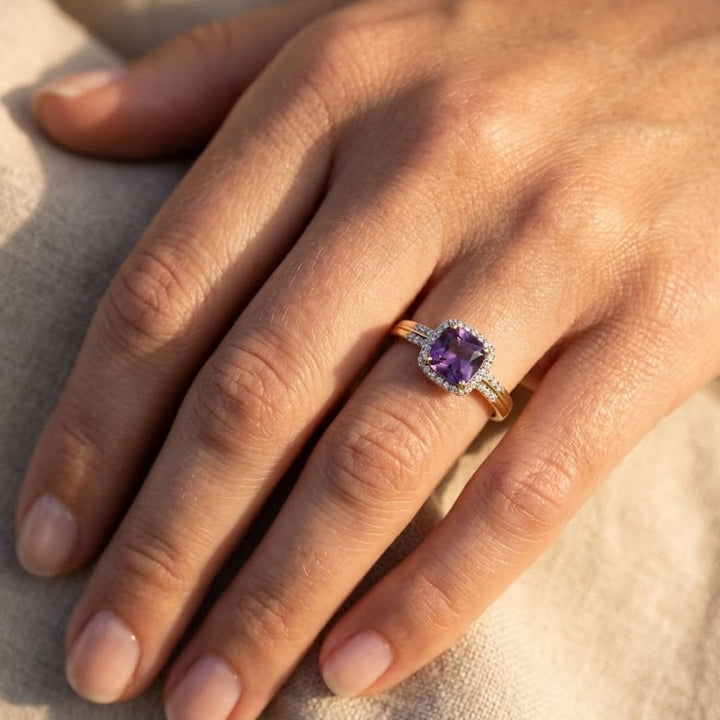 9ct Gold Cushion-Cut Amethyst & Diamond Ring