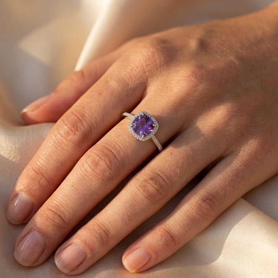 9ct Gold Cushion Cut Amethyst & Diamond Ring