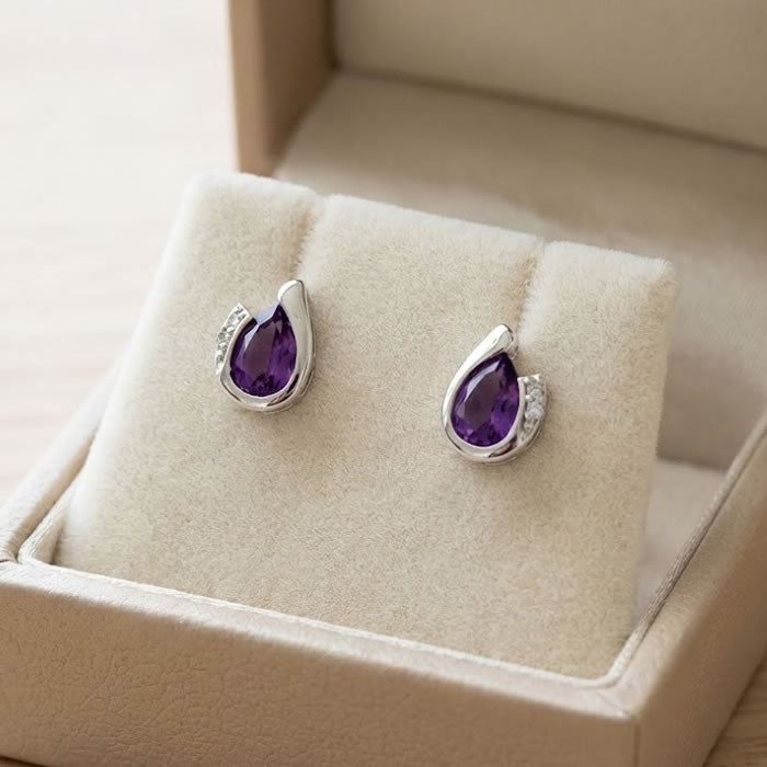 9ct White Gold Amethyst & Diamond Curve Earrings