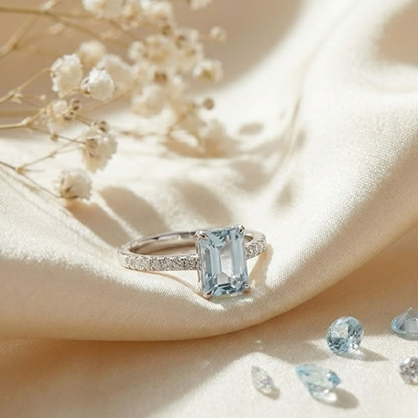 9ct White Gold Emerald-Cut Aquamarine &amp; Diamond Ring