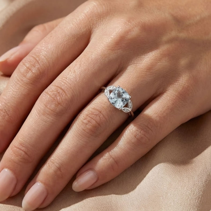 9ct White Gold Aquamarine & Diamond Leaf Ring