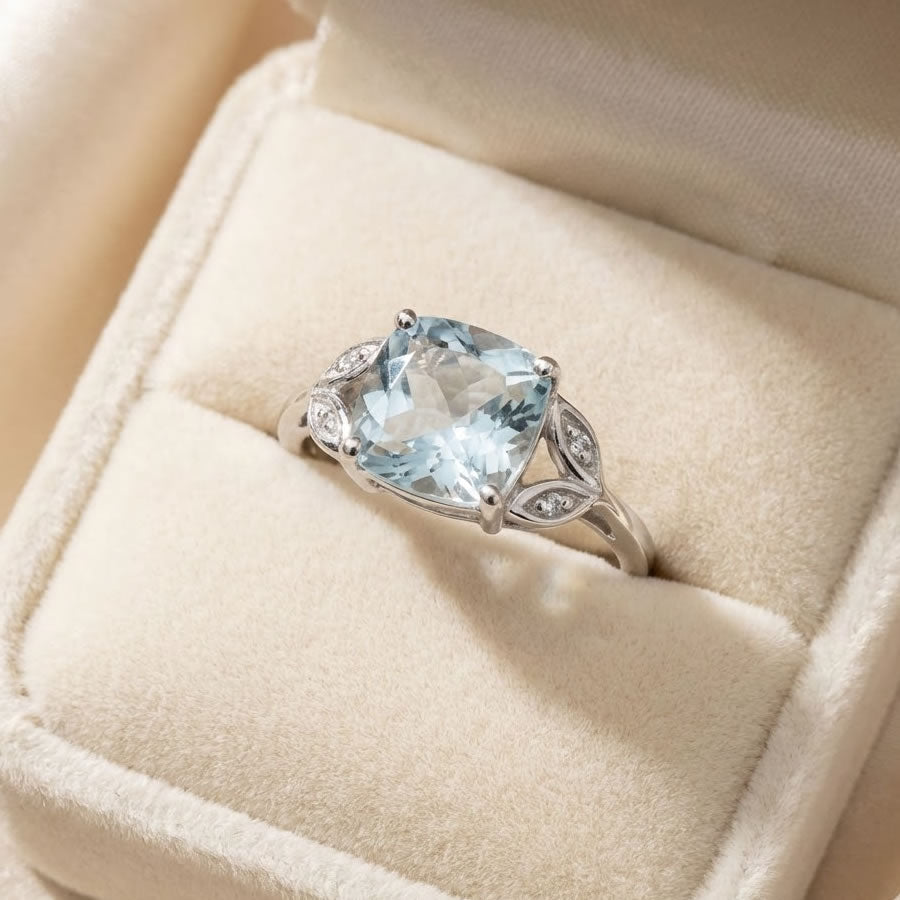 9ct White Gold Aquamarine & Diamond Leaf Ring