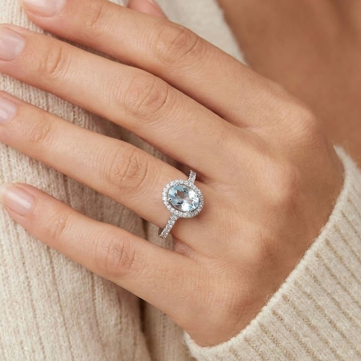 Sterling Silver Aquamarine CZ Oval Halo Ring