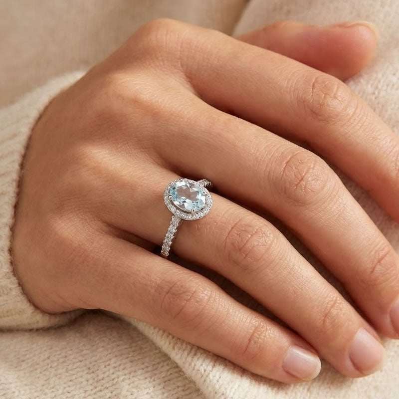 Sterling Silver Aquamarine CZ Oval Halo Ring