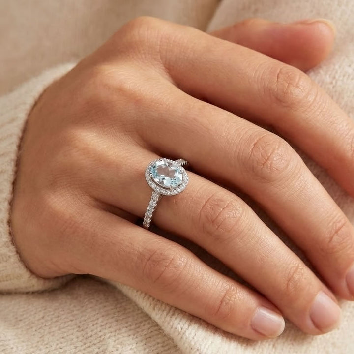 Sterling Silver Aquamarine CZ Oval Halo Ring