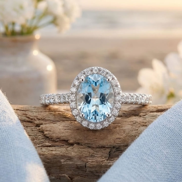 Sterling Silver Aquamarine CZ Oval Halo Ring