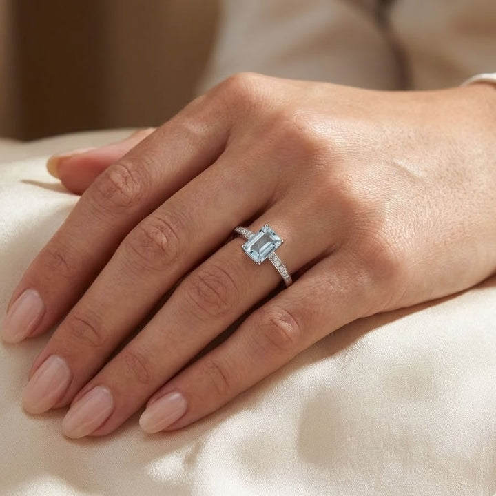 9ct White Gold Emerald-Cut Aquamarine &amp; Diamond Ring