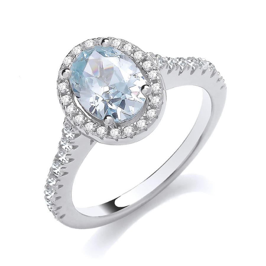 Sterling Silver Aquamarine CZ Oval Halo Ring