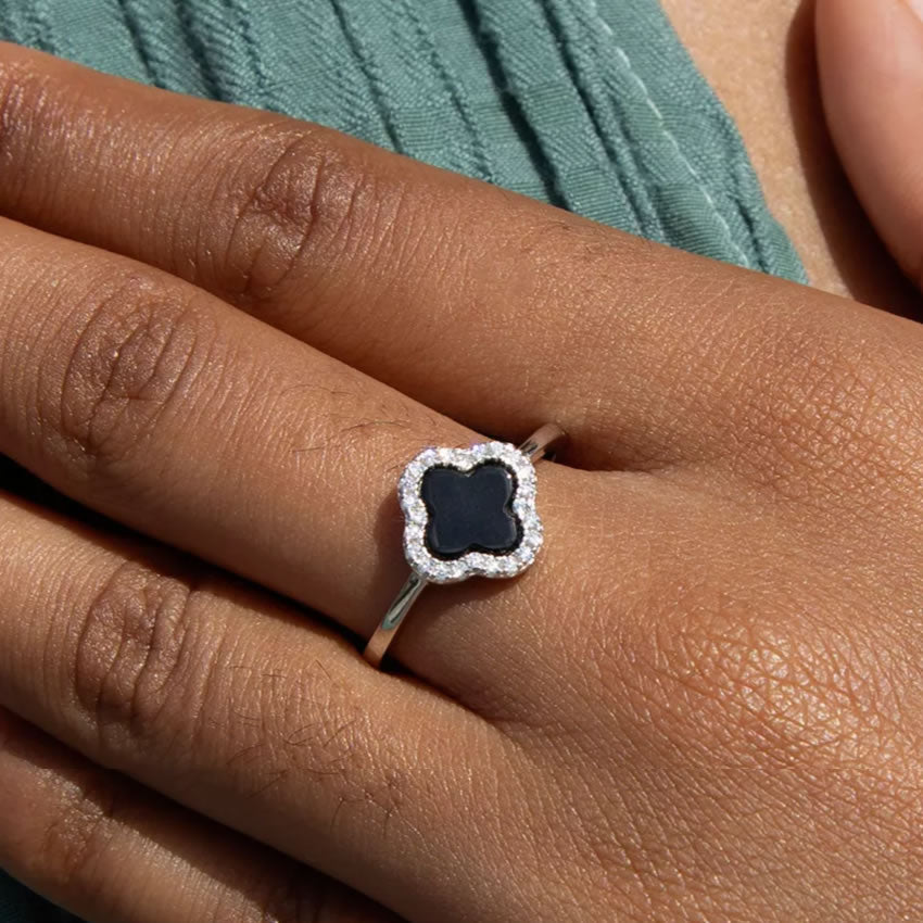 Silver Black Onyx Clover Ring
