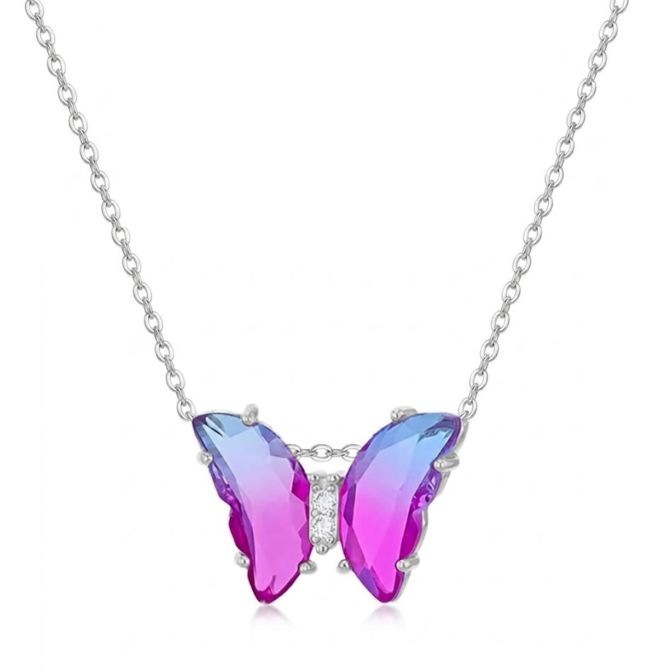 Silver Purple Crystal Butterfly Necklace