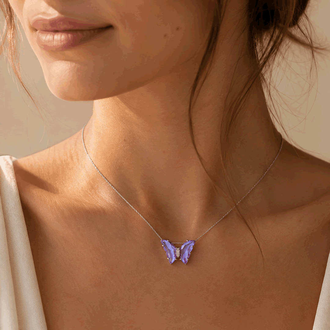 Silver Purple Crystal Butterfly Necklace