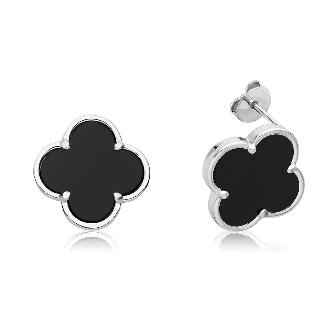 Sterling Silver Onyx Four Leaf Clover Earrings