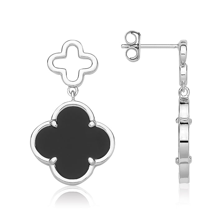 Sterling Silver Onyx Four Leaf Clover Drop Earrings