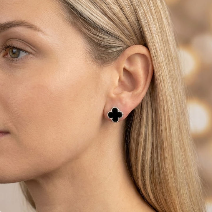 Silver Black Onyx Clover Earrings