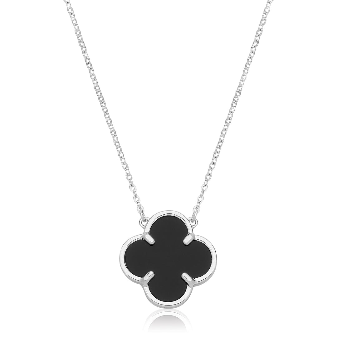 Sterling Silver Onyx Four Leaf Clover Necklace