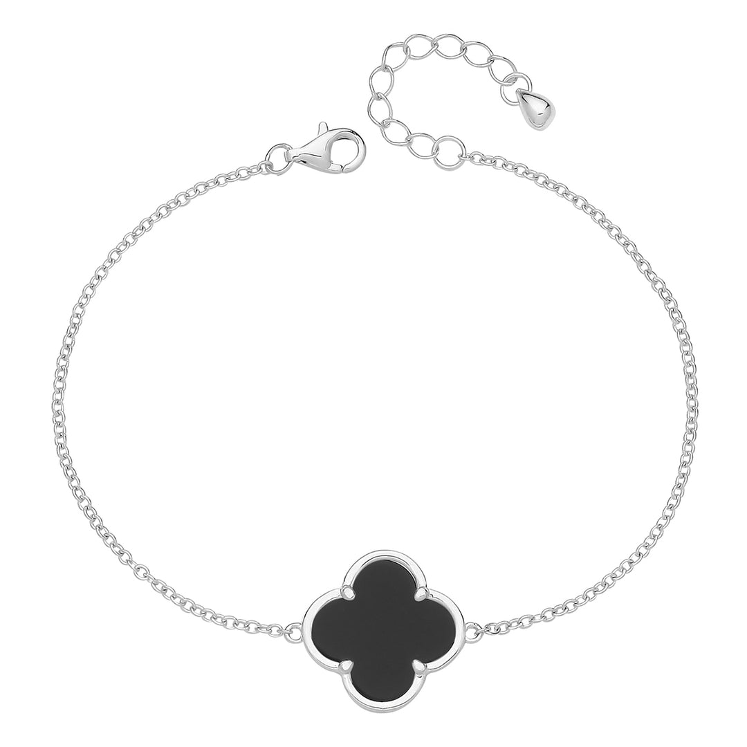 Sterling Silver Onyx Four Leaf Clover Bracelet