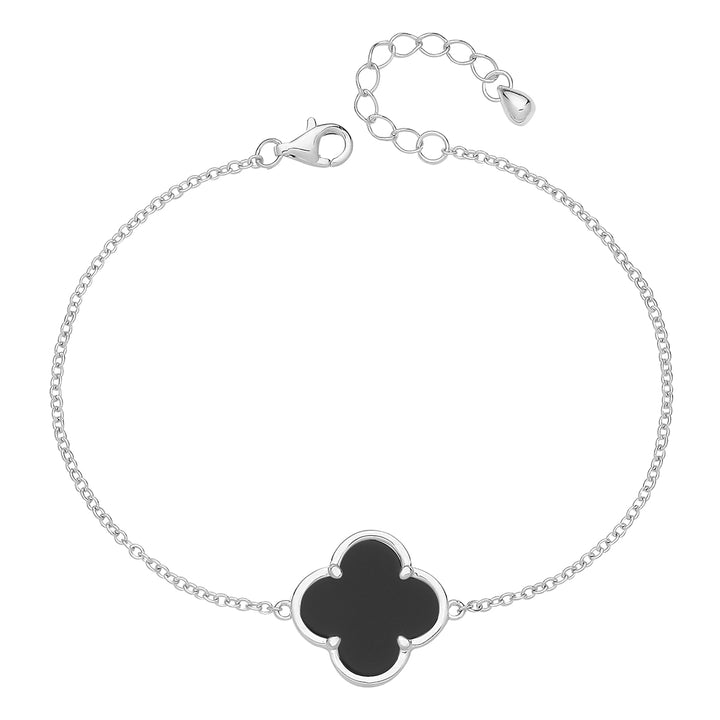 Sterling Silver Onyx Four Leaf Clover Bracelet