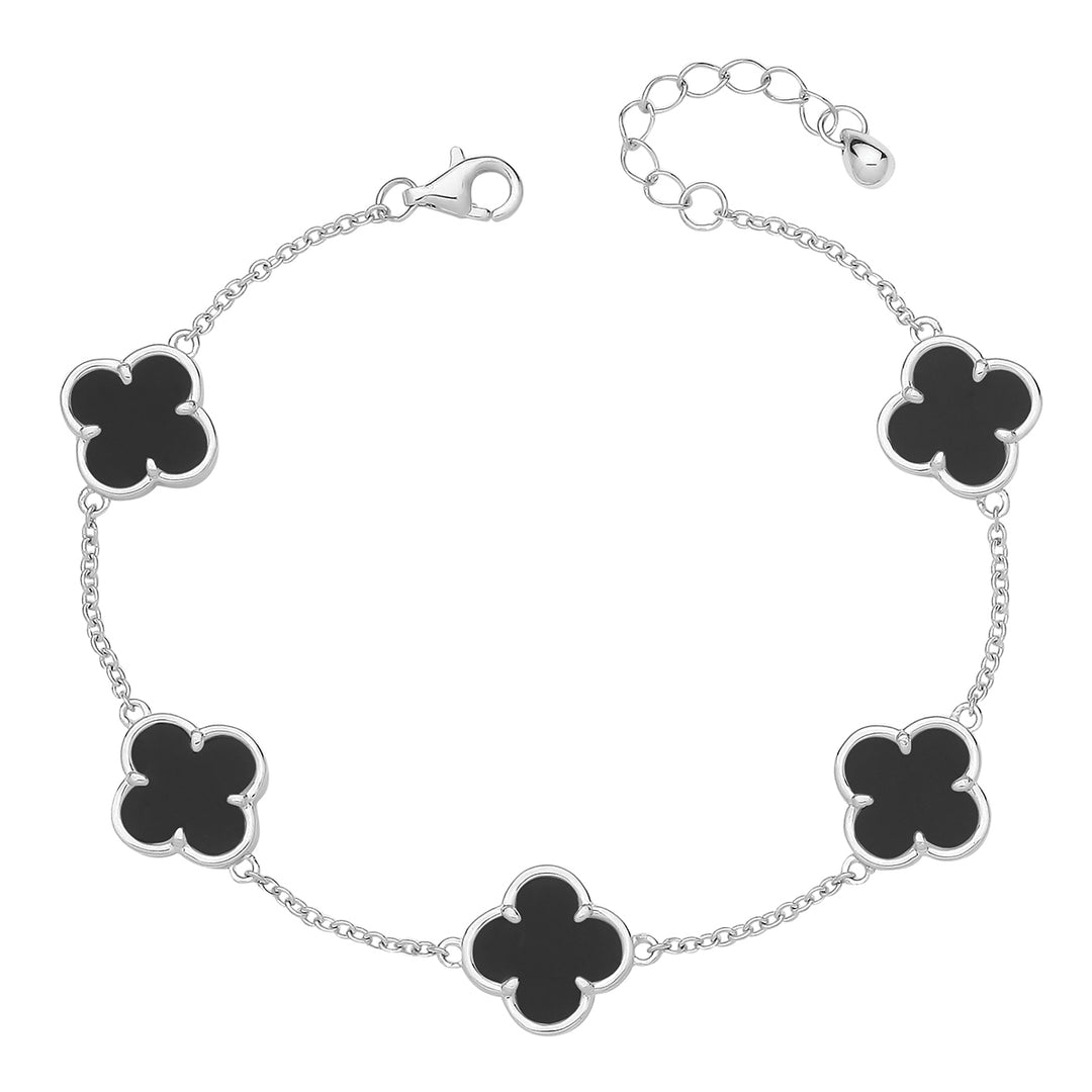 Sterling Silver Onyx Four Leaf Clover Bracelet