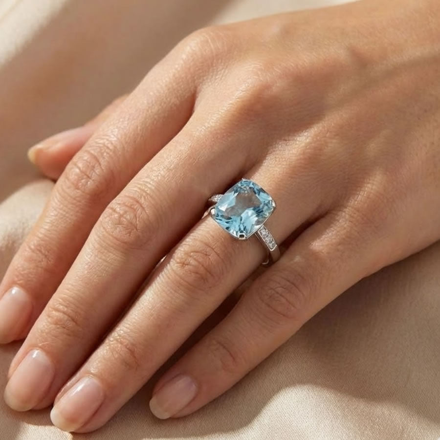 9ct White Gold Blue Topaz &amp; Diamond Ring