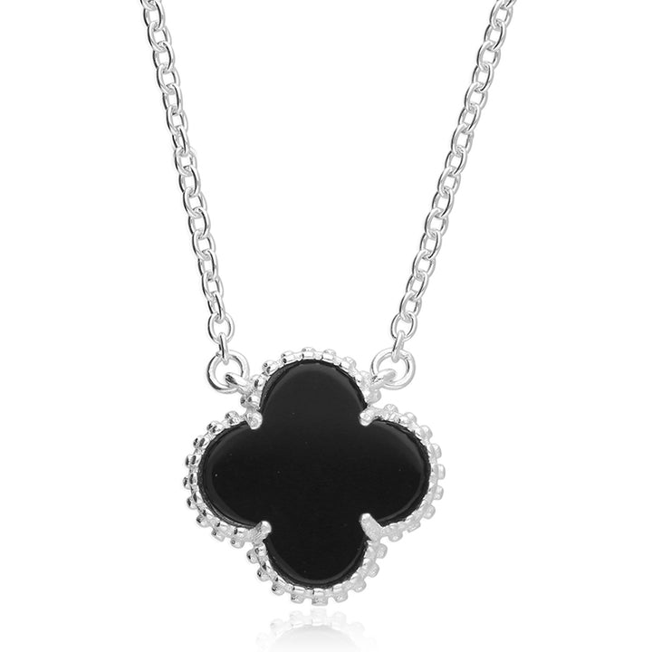 Silver Black Onyx Four Leaf Clover Pendant