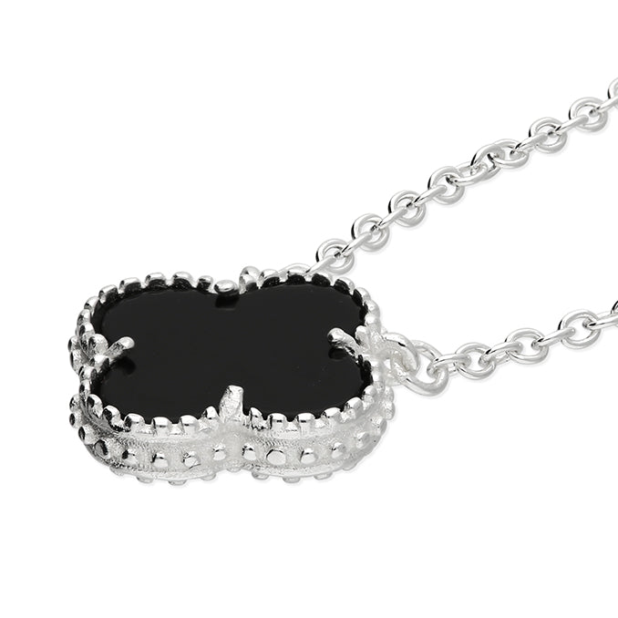 Silver Black Onyx Four Leaf Clover Pendant