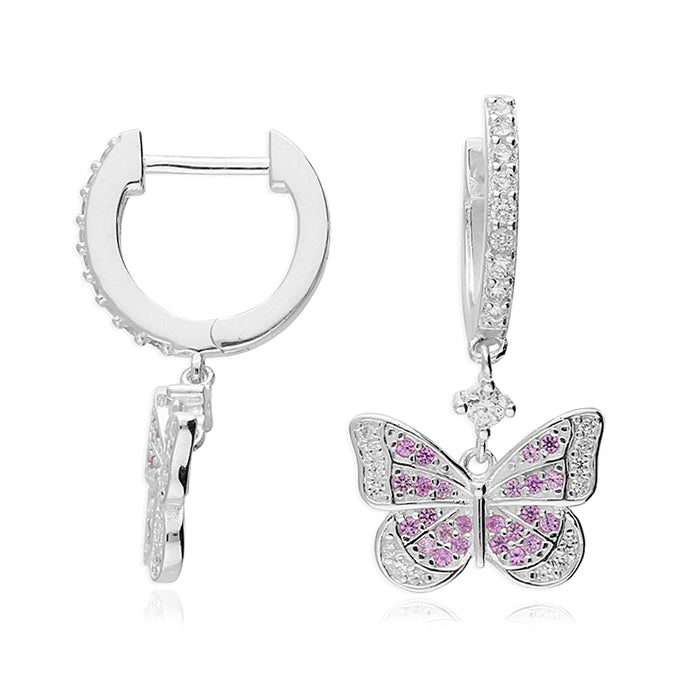 Silver Pink Butterfly Charm Hoop Earrings