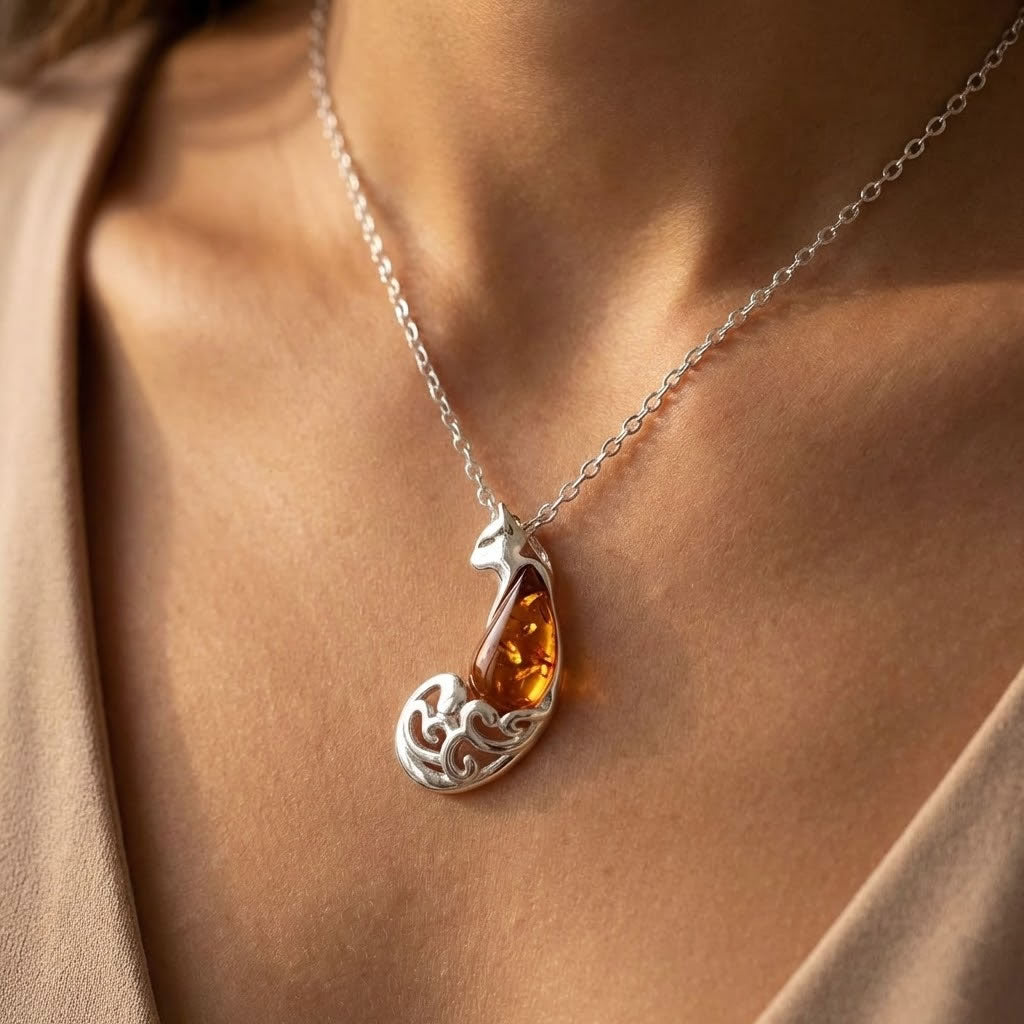 Sterling Silver Amber Cat Necklace