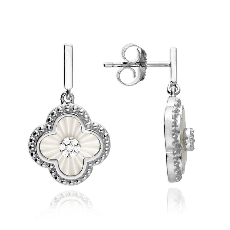 Silver Mother of Pearl Clover Drop Earrings
