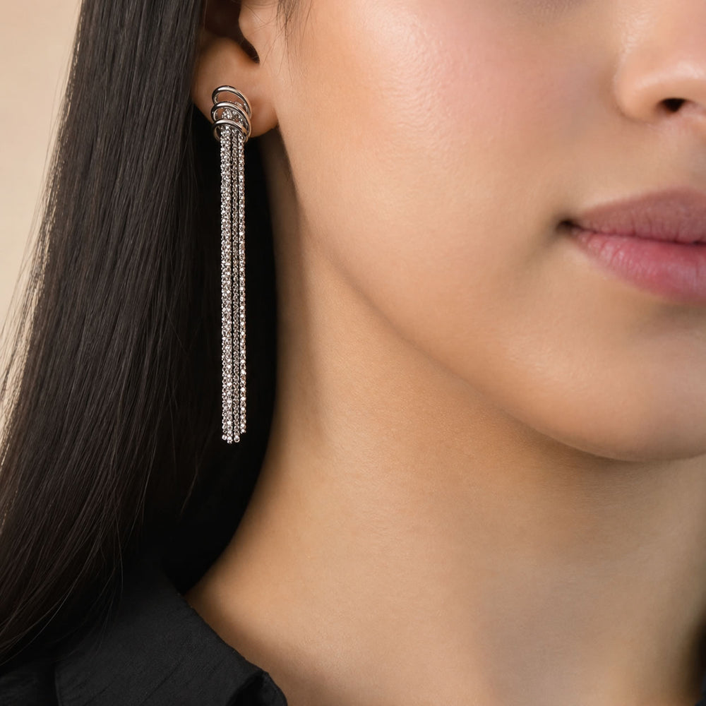 Silver Ring Tassel Chain Long Drop Earrings