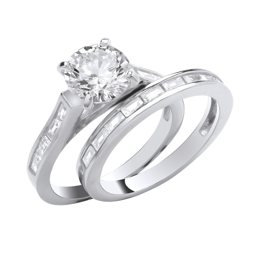 Silver Solitaire & Baguette-Cut Bridal Ring Set