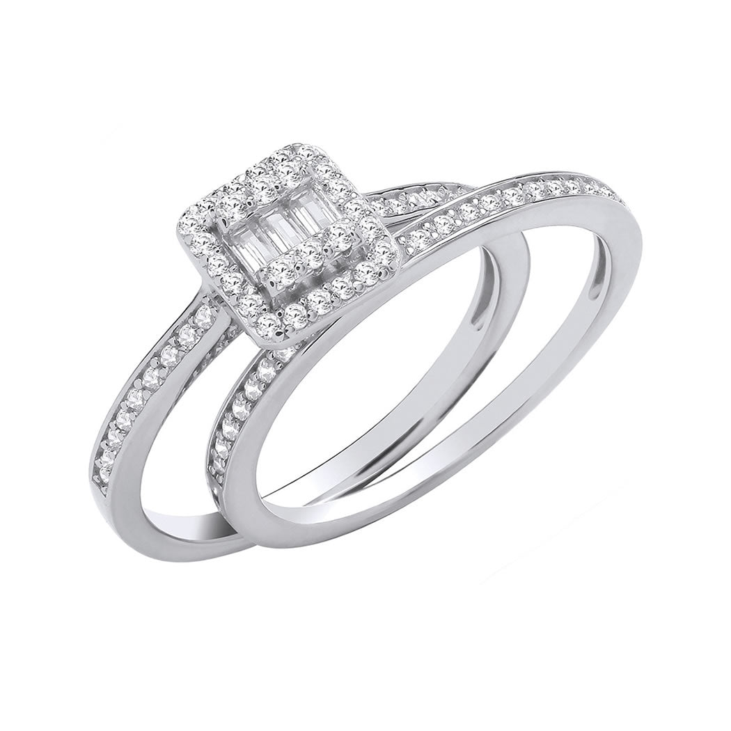 Silver Round & Baguette-Cut Bridal Ring Set