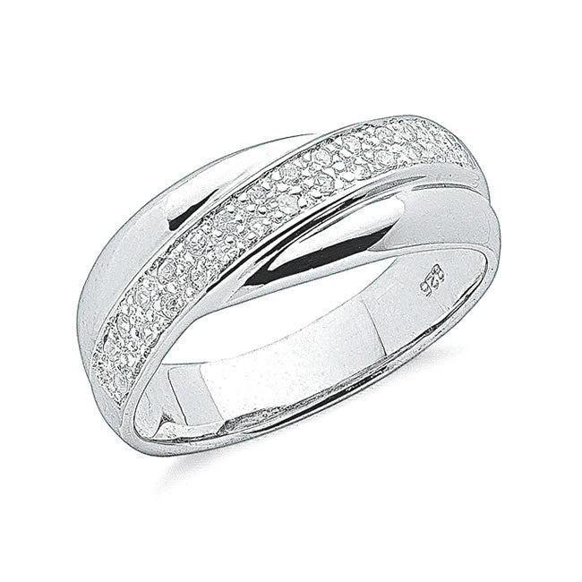 Silver Wide Pave Crossover Band Ring