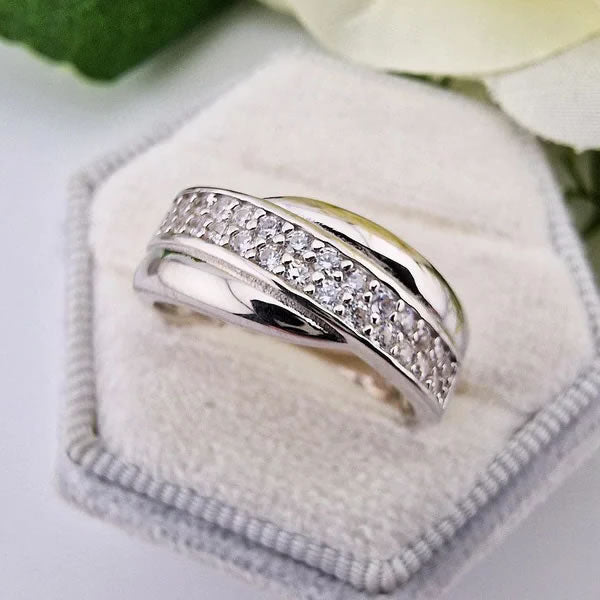 Silver Wide Pave Crossover Band Ring