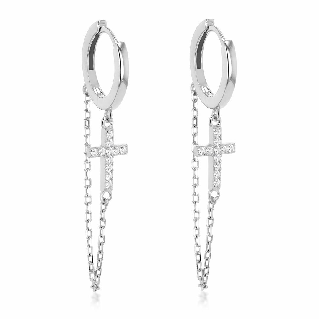 Sterling Silver Cross Chain Hoop Earrings