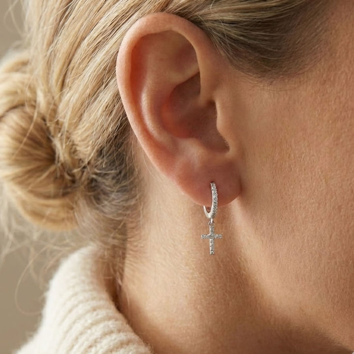 Silver Lab Created Diamond Cross Hoop Earrings