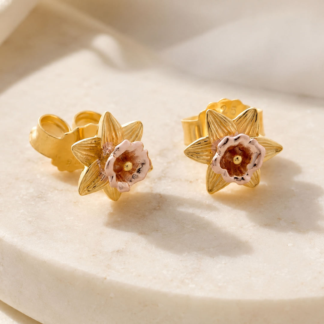 18ct Gold Plated March Birth Flower Daffodil Stud Earrings