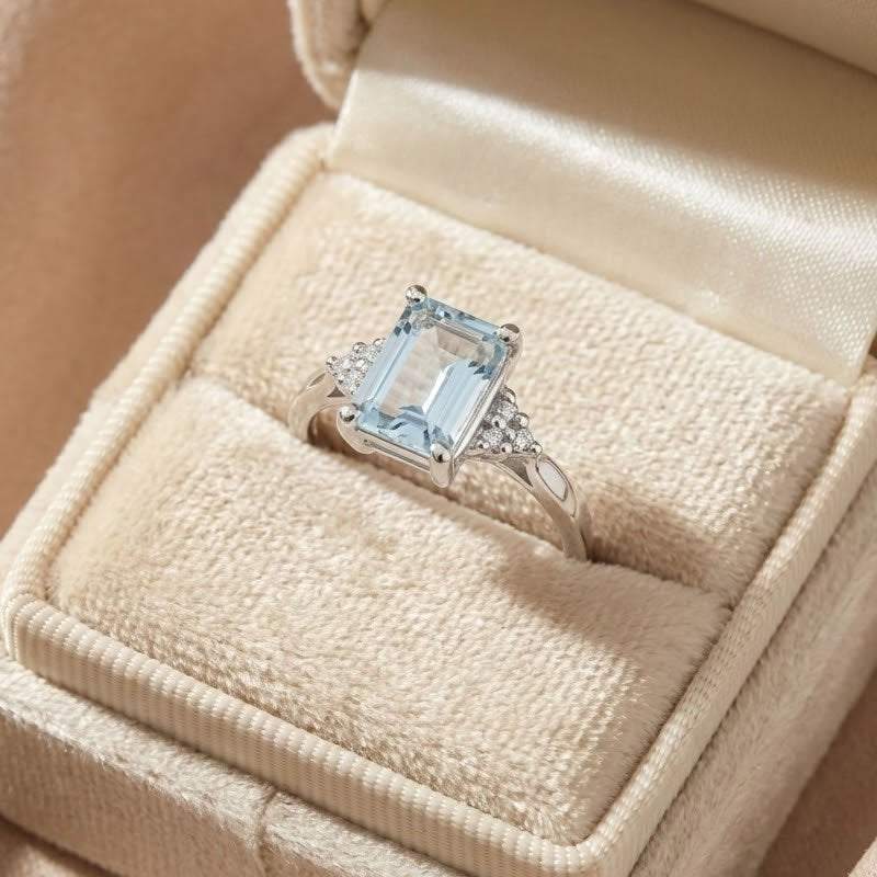 9ct White Gold Emerald Cut Aquamarine & Diamond Ring