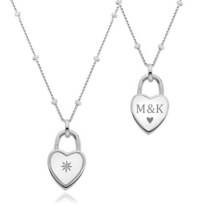 Silver Personalised Initials Diamond Heart Padlock Necklace