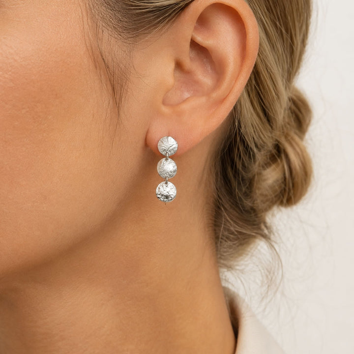 Silver Hammered Disc Drop Earrings