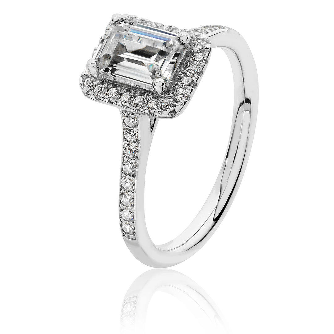 Sterling Silver Emerald Cut Halo Ring