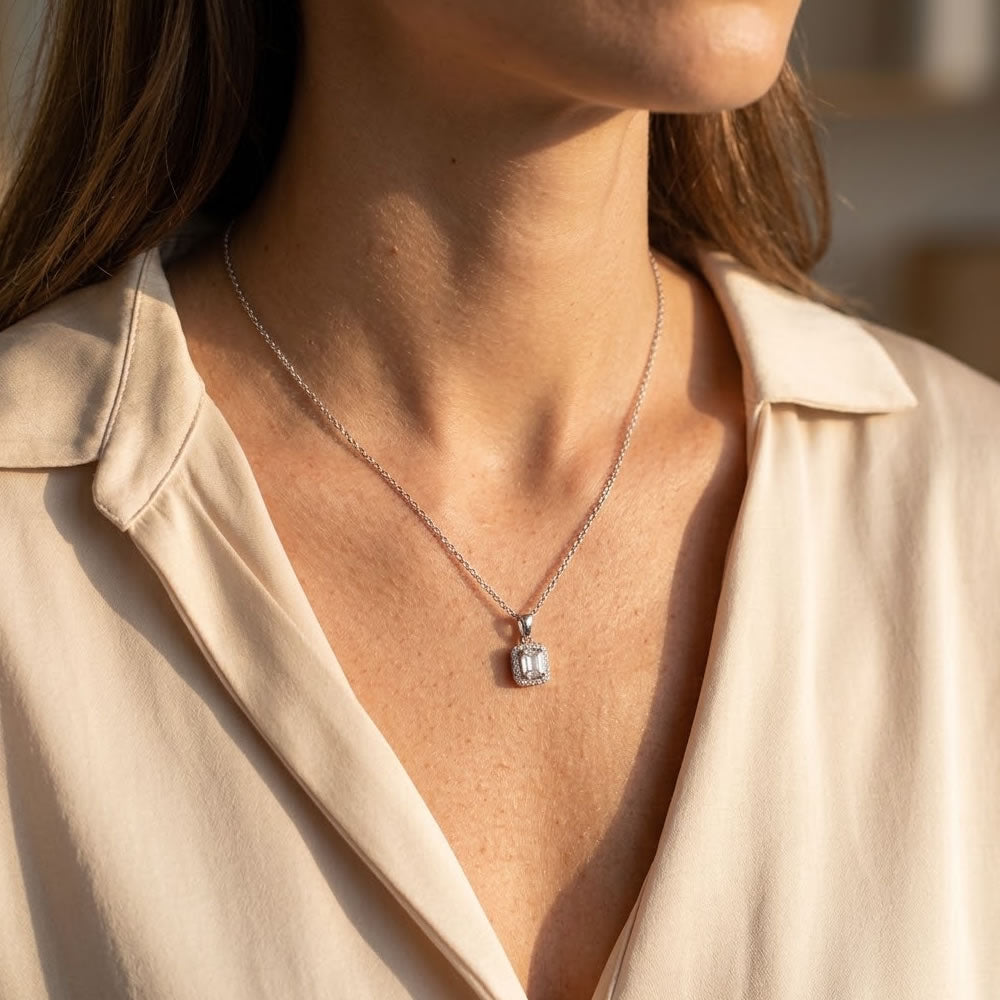 Luminous Silver Emerald Cut Halo Pendant
