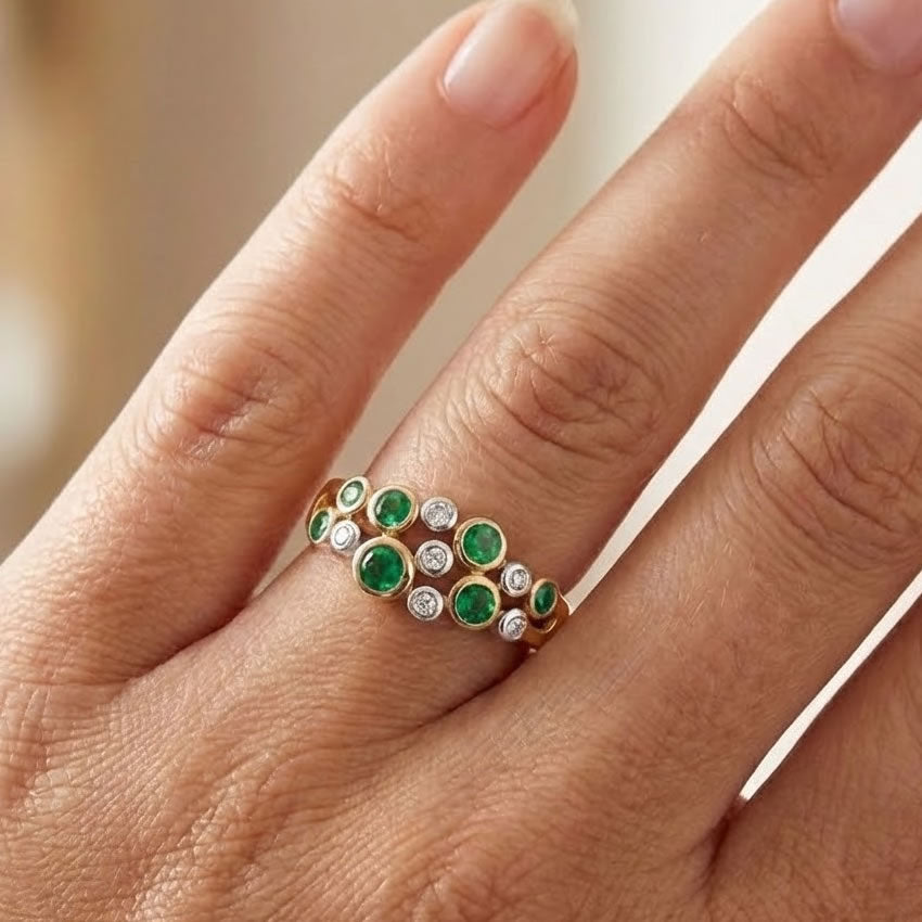 9ct Gold Emerald Diamond Bubble Ring
