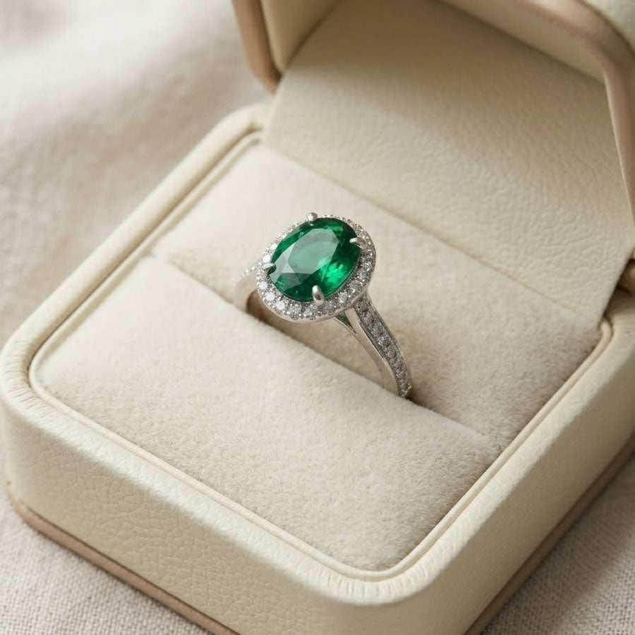 Silver Lab Created Emerald & Diamond Ring