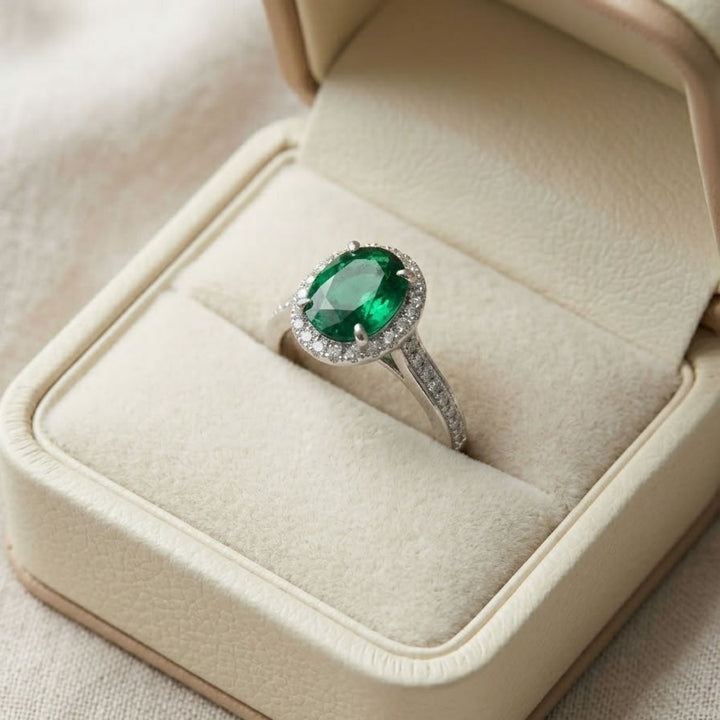 Silver Lab Created Emerald & Diamond Ring