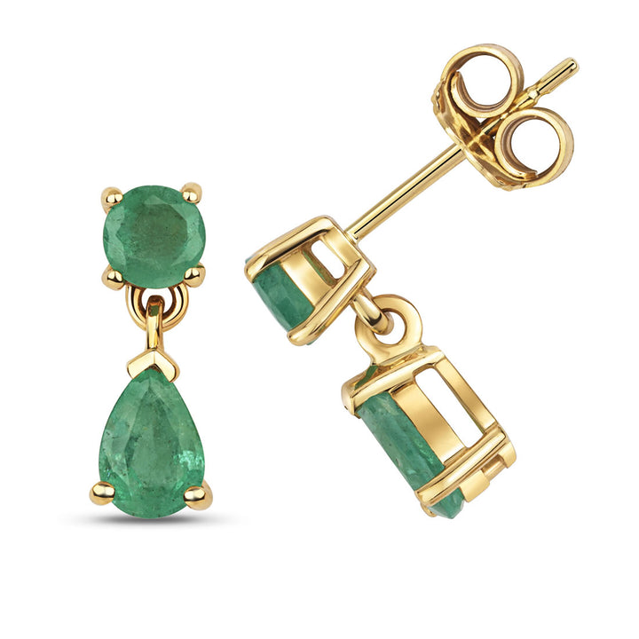 9ct Gold Round Pear-Cut Emerald Drop Earrings