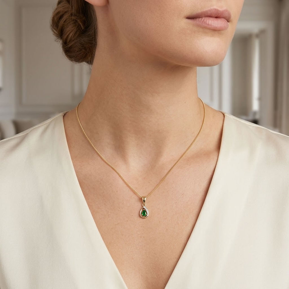 9ct Gold Pear Cut Emerald & Diamond Pendant