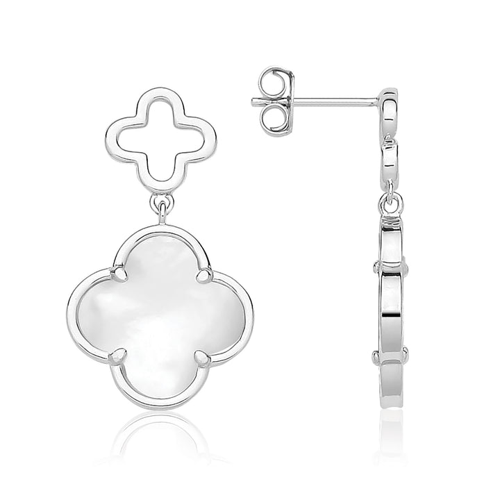 Silver Mother of Pearl Four Leaf Clover Drop Earrings