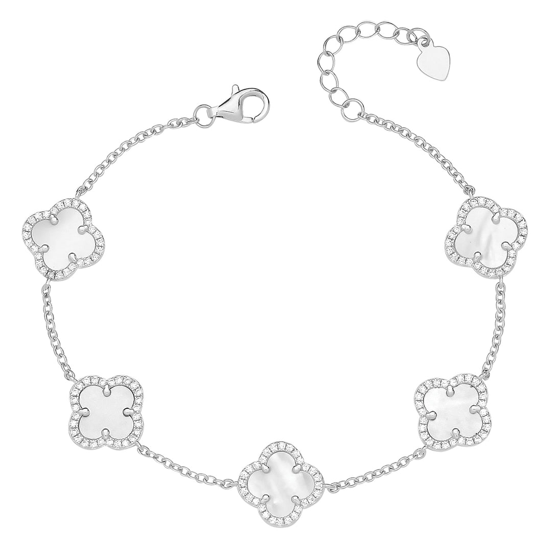 Silver Mother of Pearl Four Leaf Clover Bracelet