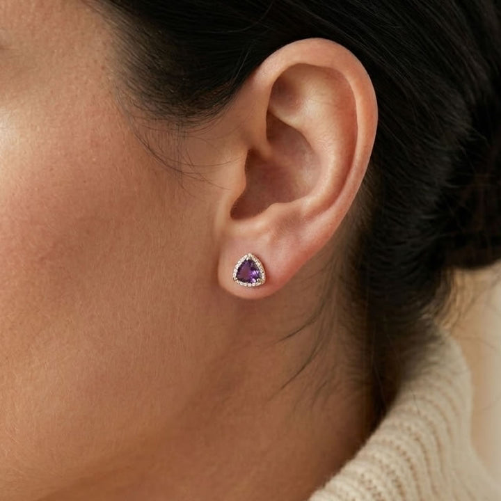9ct Gold Trillion Cut Amethyst &amp; Diamond Stud Earrings